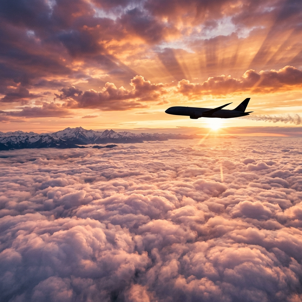 Aerial view above clouds at golden hour — travel hero